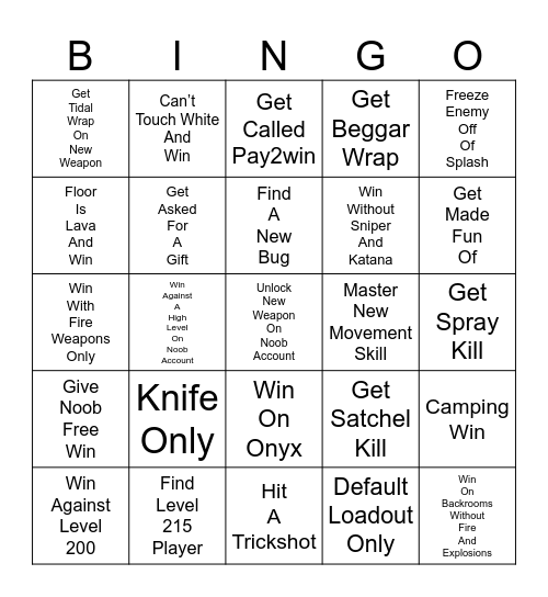 Roblox Rivals Challenges Bingo Card