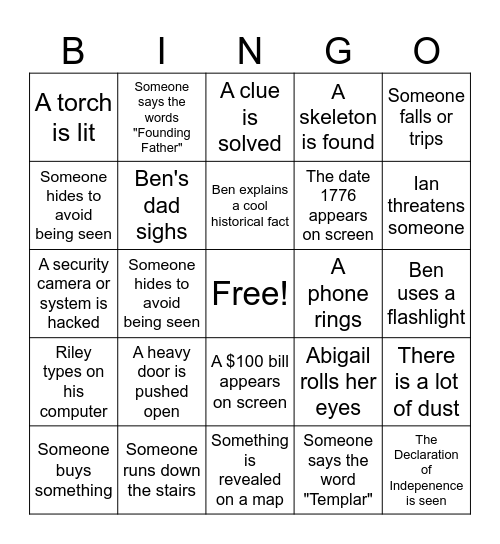 National Treasure Movie BINGO Card
