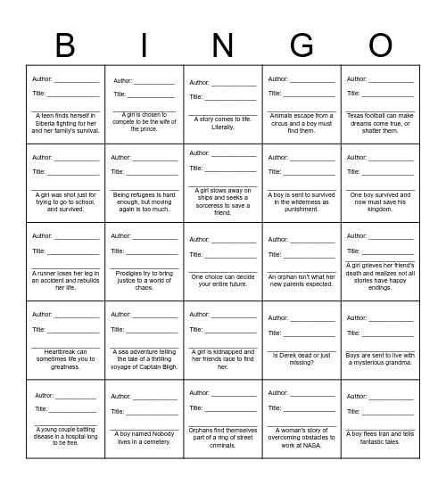 8th Grade Book Bingo Card