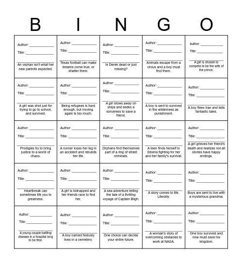 8th Grade Book Bingo Card