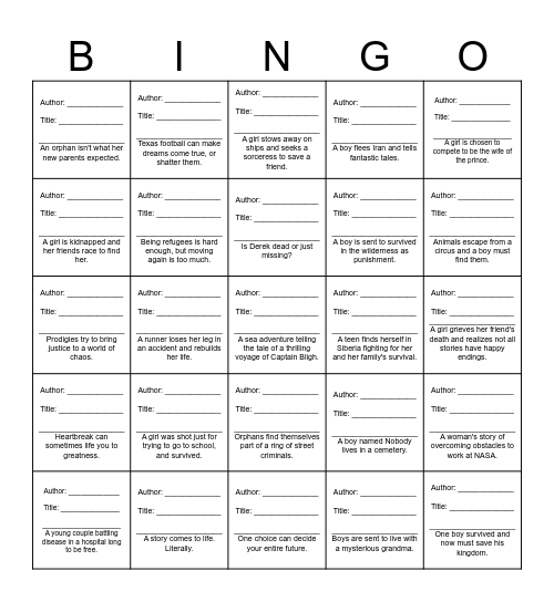 8th Grade Book Bingo Card