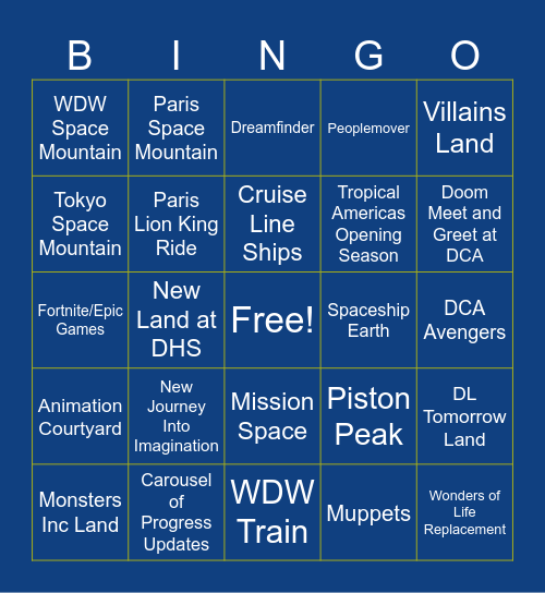 D23 2026 Parks Prediction Bingo Card
