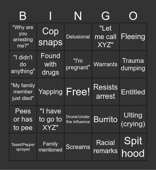 Getting Arrested Bingo Card
