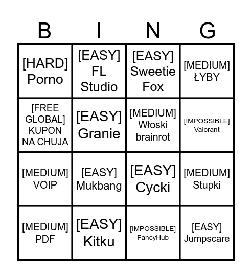 Bingo tiktokowe Bingo Card