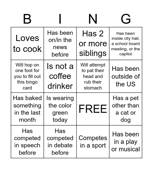 Debate Teammate Bingo Card