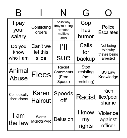 Bodycam Bingo Card