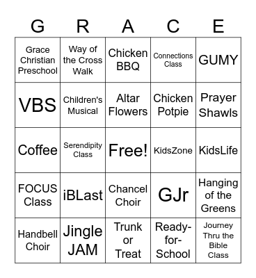 Grace UMC 175th Anniversary Bingo Card