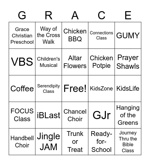 Grace UMC 175th Anniversary Bingo Card