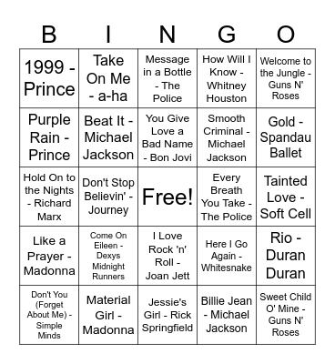 80's Bingo Card