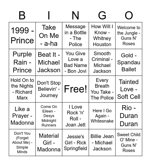 80's Bingo Card