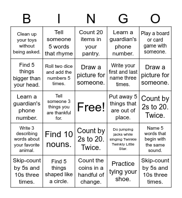 1st Grade Homework Bingo Card