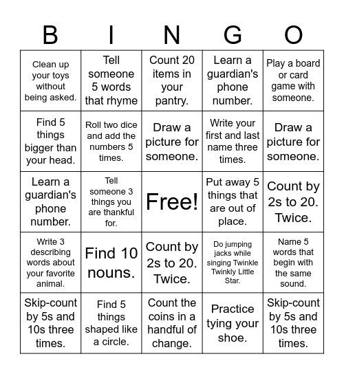 1st Grade Homework Bingo Card
