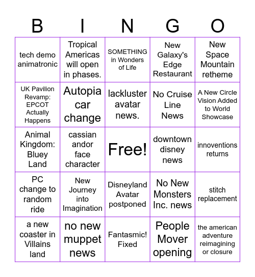 D23 Parks Panel! 2026 Bingo Card