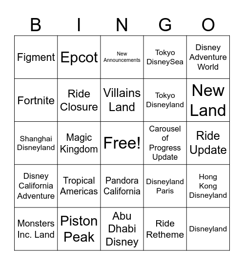 D23: Disney Experiences Showcase Bingo Card