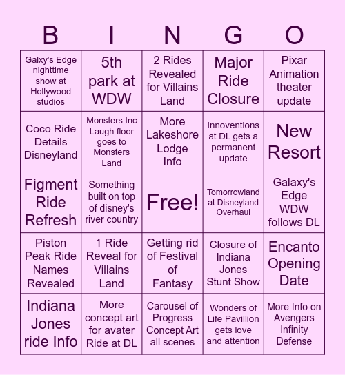 D23 Predictions Bingo Card