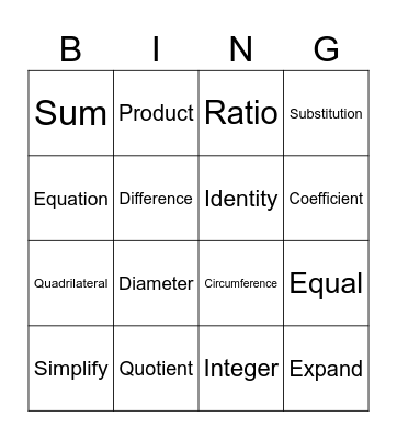 Math Vocabulary Bingo Card
