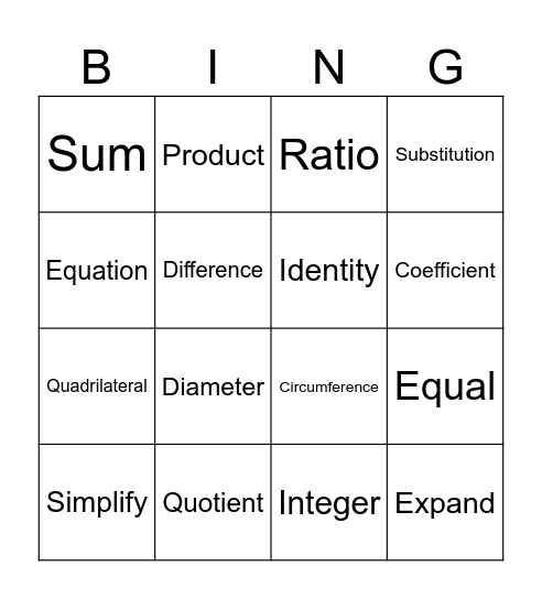 Math Vocabulary Bingo Card