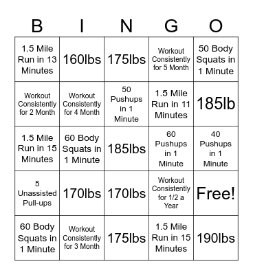 Fitness Goals Bingo Card
