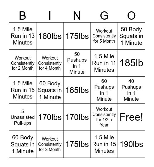 Fitness Goals Bingo Card