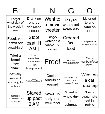 Back To School Bingo Card