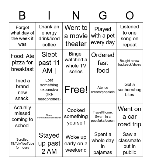 Back To School Bingo Card