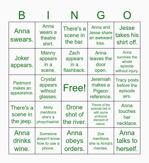 Anna Pigeon Bingo Card