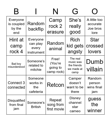 Camp Rock 3 Bingo Card