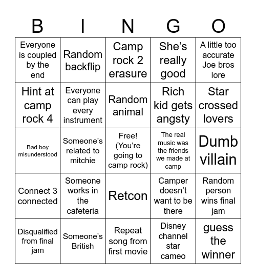 Camp Rock 3 Bingo Card