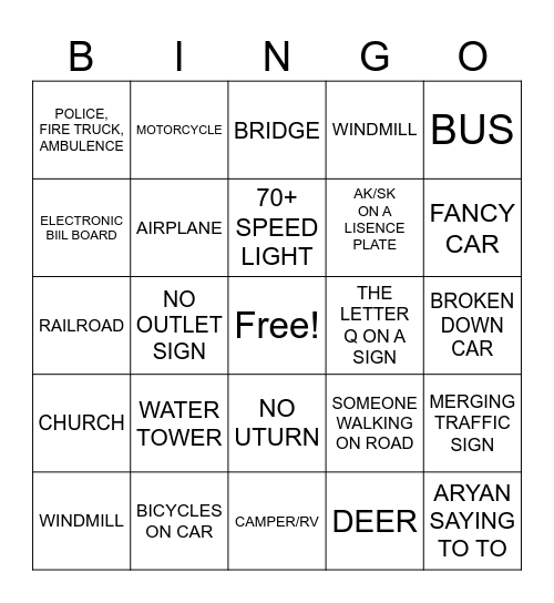 ROAD BINGO Card