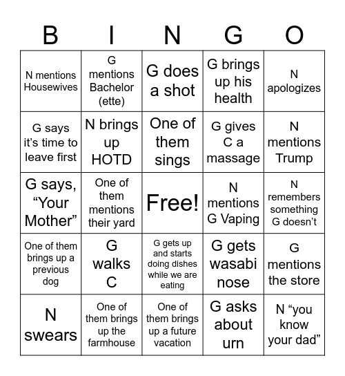Nana and Oji Bingo Card
