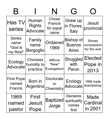 Pope Bingo Card