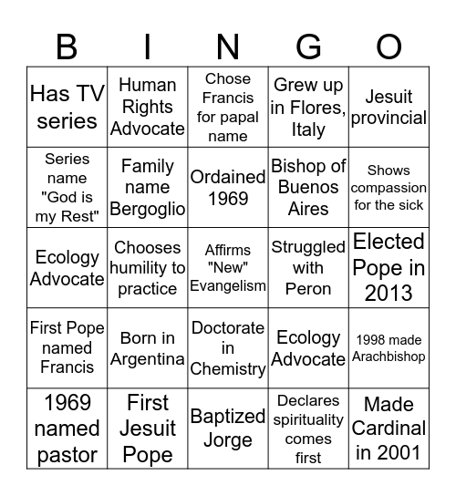 Pope Bingo Card