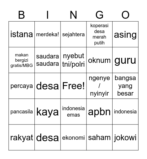 Speech gendut 17 Ags Bingo Card
