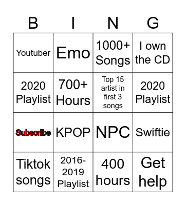 Spotify Bingo Card