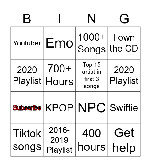 Spotify Bingo Card