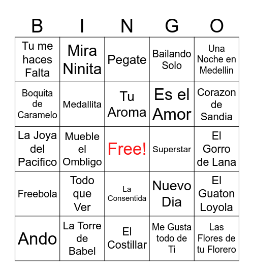 Chilean Hits Bingo Card