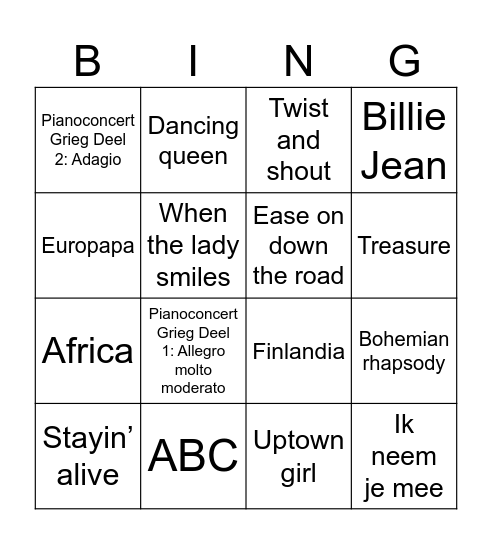Praagreis muziekbingo Card