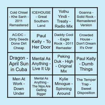 Prince Bingo - Aussie Pub Rock Bingo Card