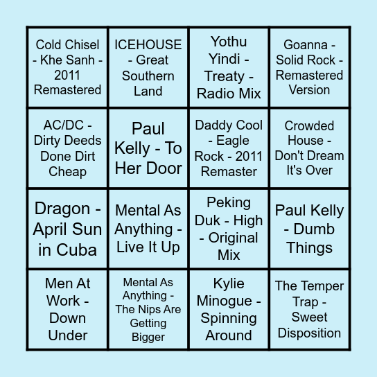 Prince Bingo - Aussie Pub Rock Bingo Card