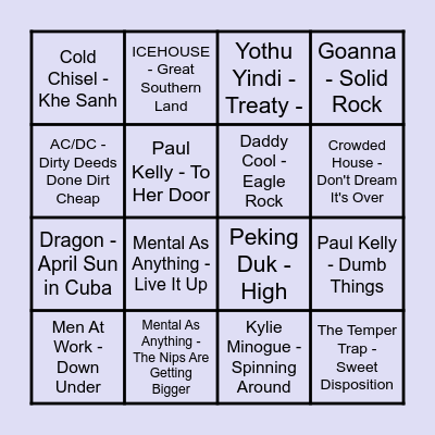 Prince Bingo - Aussie Pub Bangers Bingo Card