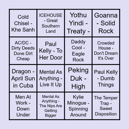 Prince Bingo - Aussie Pub Bangers Bingo Card