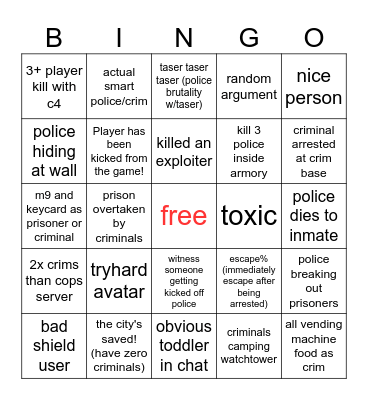 Prison Life Bingo Card