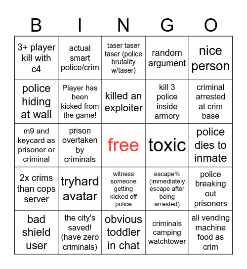 Prison Life Bingo Card