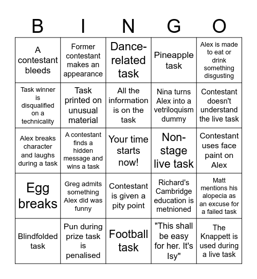 Taskmaster Bingo Card