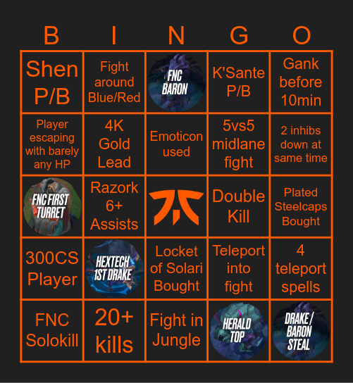 FNC vs G2 G2 (Summre 26) Bingo Card