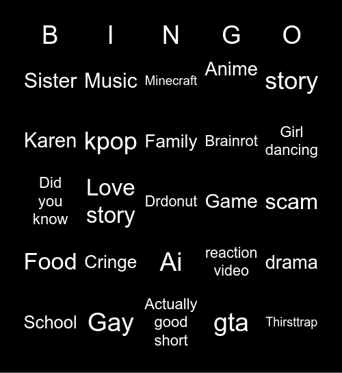 Yt short Bingo Card