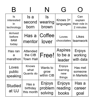 CIB YES Induction Bingo Card