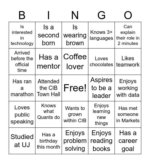 CIB YES Induction Bingo Card