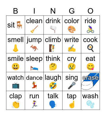 action verbs Bingo Card