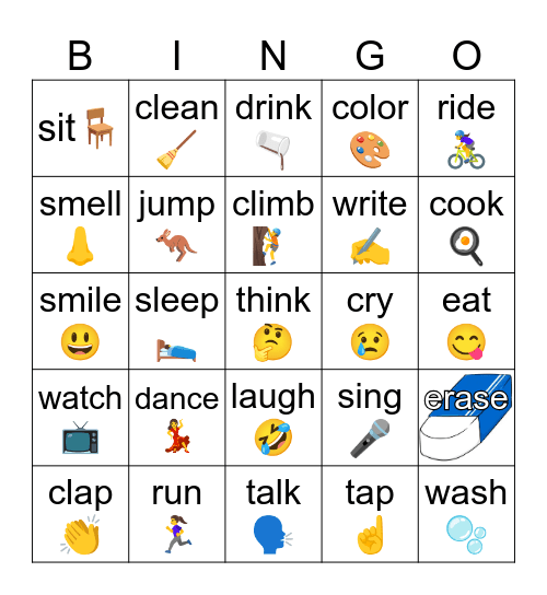 action verbs Bingo Card